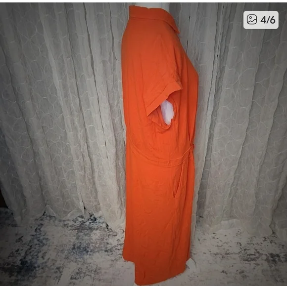 LOFT Orange Button Down Midi Dress with Waist Tie - Picture 4 of 6